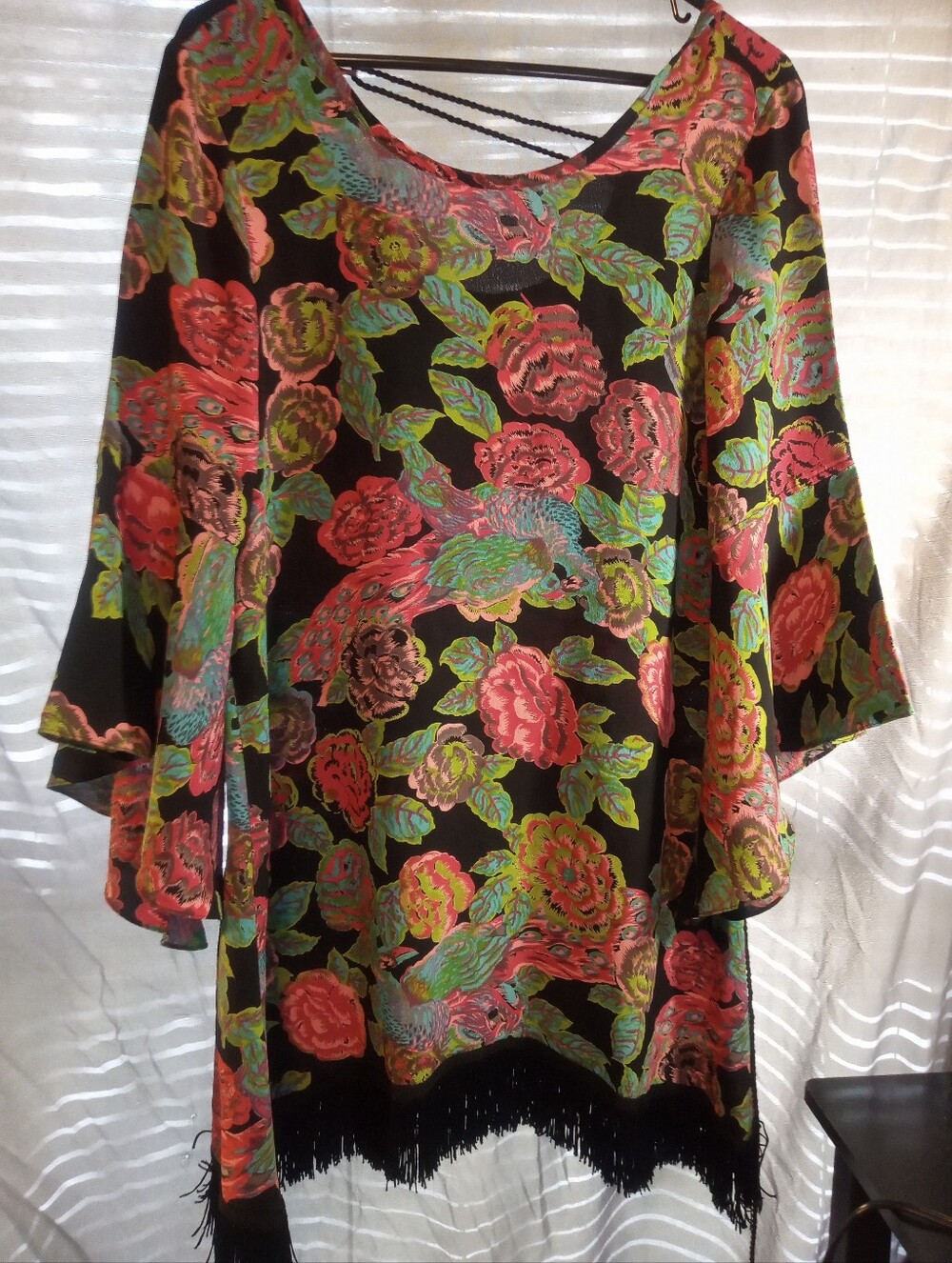 Uncle Frank Women’s Black Floral Fringe Tunic Top - Pink & Green